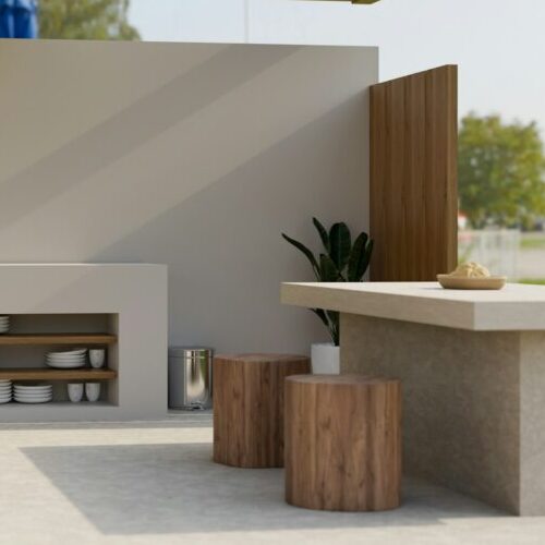 Modern outdoor kitchen exterior design in wood and cement material with kitchen island