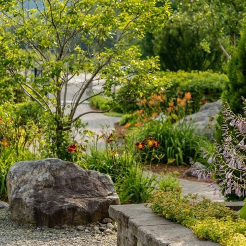 Stone wall hardscaping and landscaping in yard